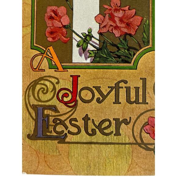 Antique Early 1900s Ephemera Litho Postcard Joyful Easter Religious Cross Floral - Picture 3 of 7